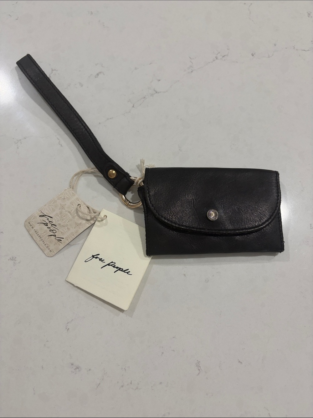 Free People Black Leather Wristlet Keychain Lanyard NWT